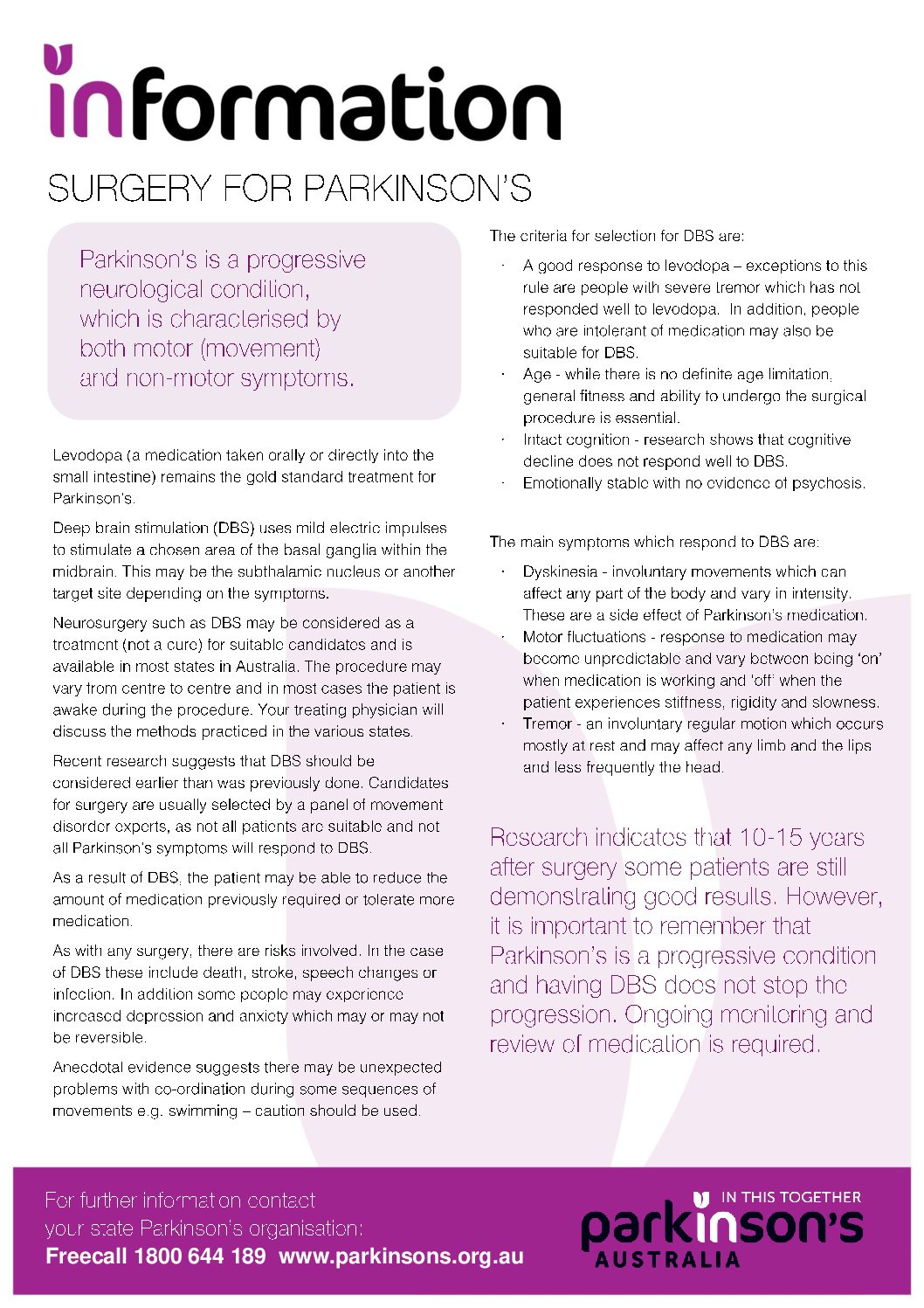 FactSheet1.5SurgeryforParkinsons Parkinsons NSW