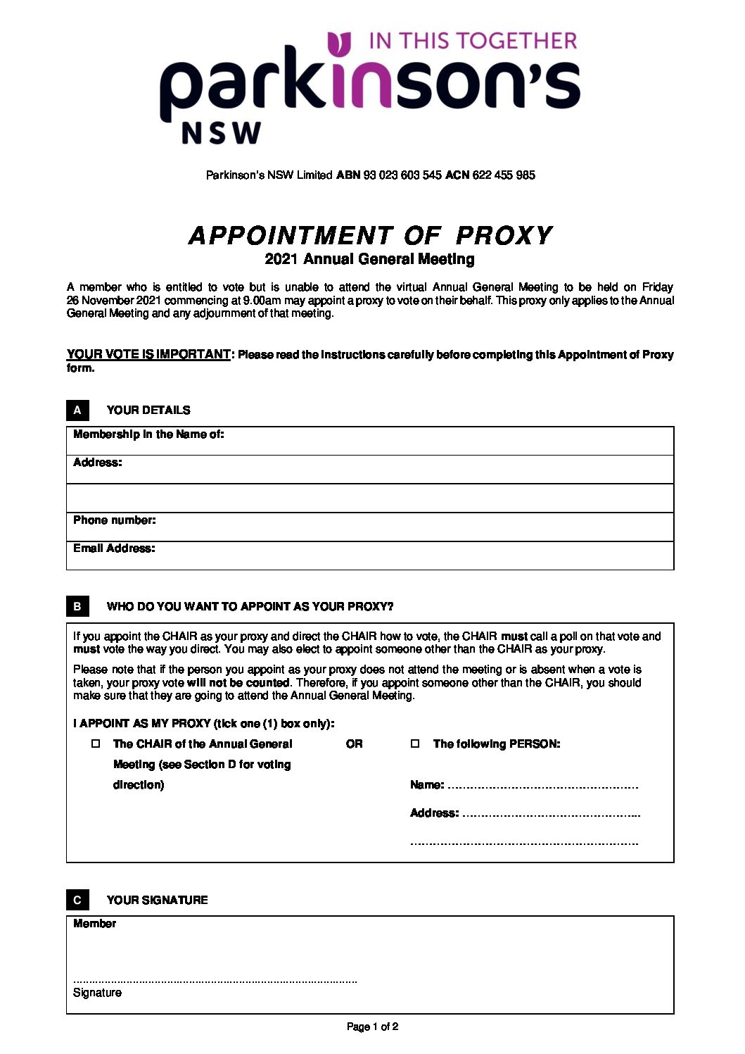 PNSW – Proxy form AGM 2021 FINAL | Parkinsons NSW