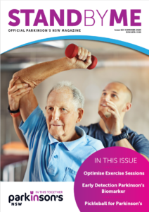 Magazine cover for Stand By Me Summer 2023 2024 issue showing older person exercising with trainer. In this issue are articles about optimising exercise sessions and early detection of a Parkinson's biomarker and a story about Pickleball for Parkinson's