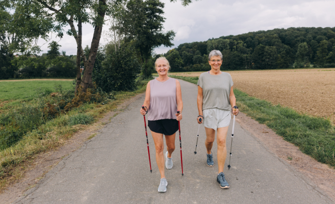 Friends walking with walking sticks.