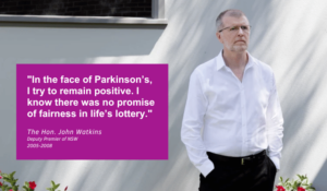 The Hononrable JOhn Watkins former deputy premier of NSW is staring in the distance sharing his throughts of his Parkinson's diagnosis