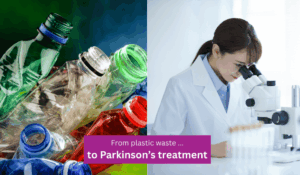 plastic bottles and researcher looking int0 a microscope