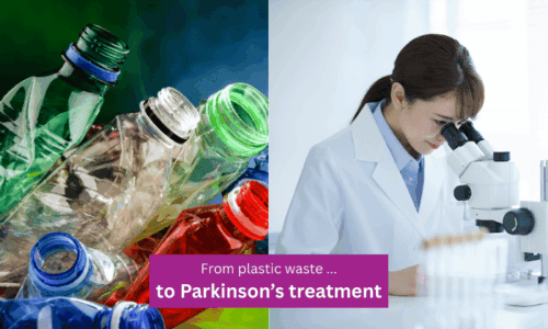 plastic bottles and researcher looking int0 a microscope