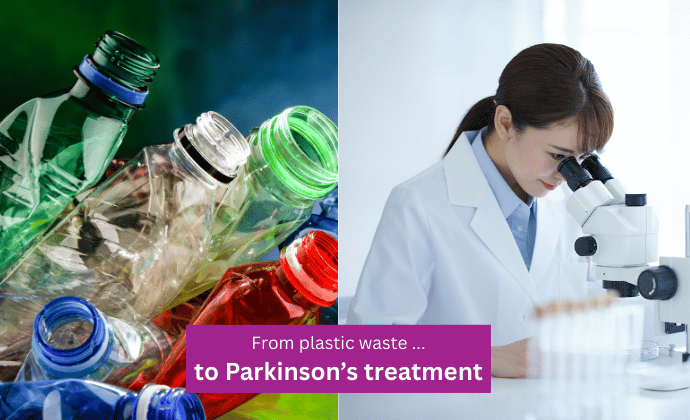 plastic bottles and researcher looking int0 a microscope