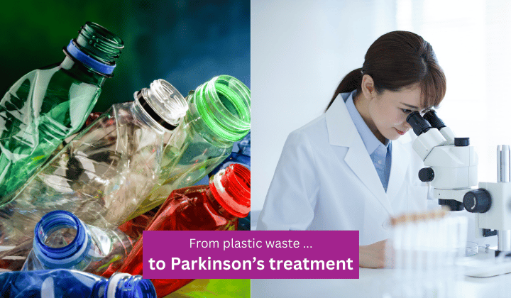 plastic bottles and researcher looking int0 a microscope