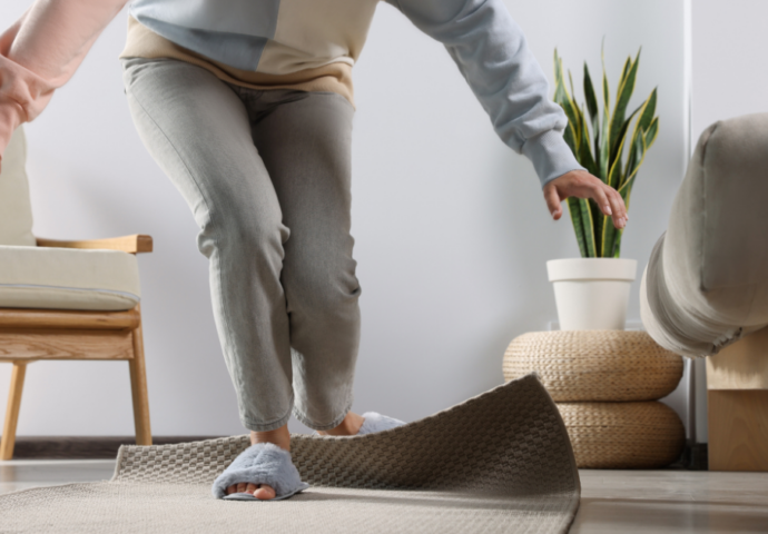 Older person tripping over mat