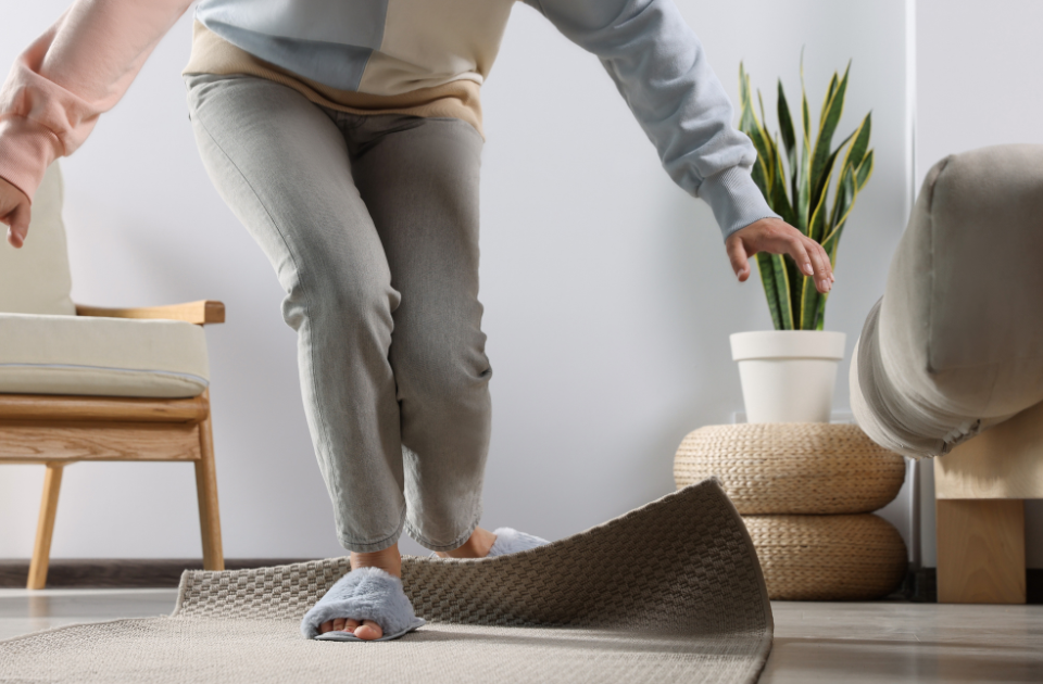 Older person tripping over mat